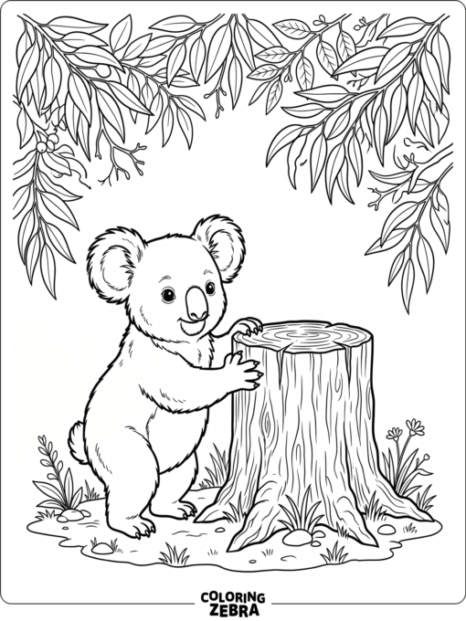 A young koala beside a tree stump