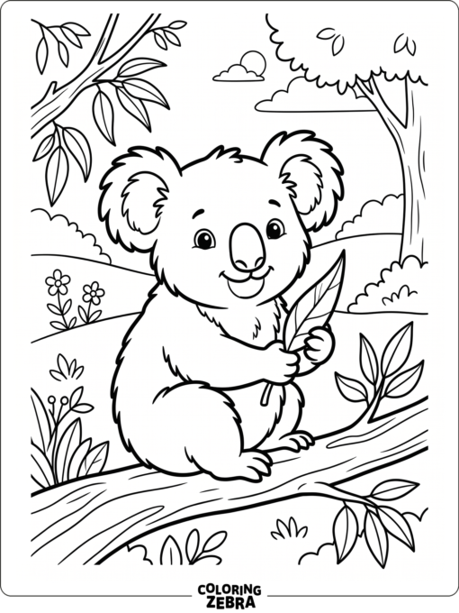 A cute koala sitting with a leaf