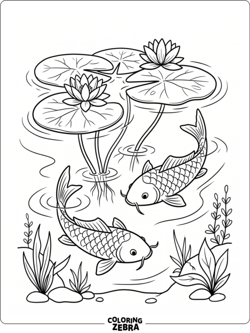 A koi fish swimming near water lilies in a pond