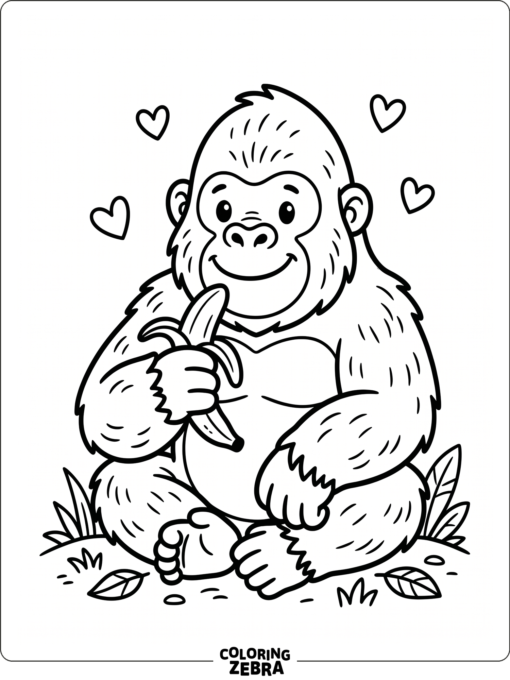 A gorilla holding a banana with a heart