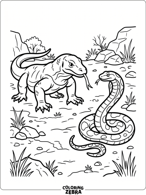 A komodo dragon facing a snake on the ground