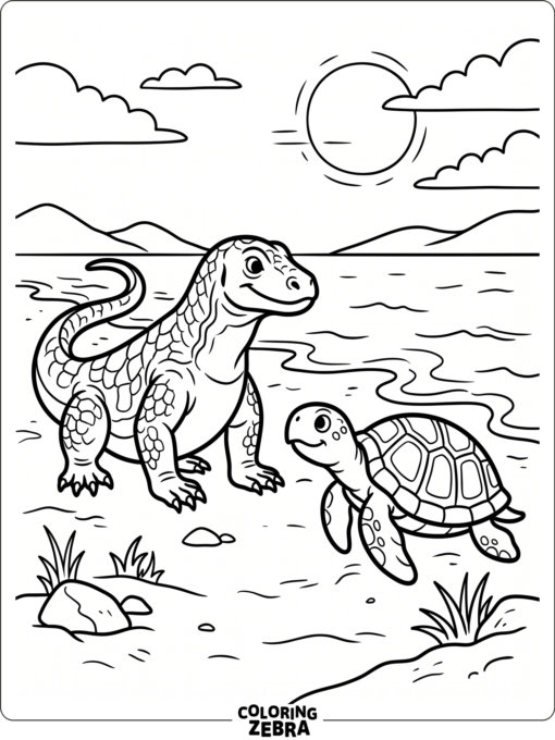 A komodo dragon and turtle facing each other on a shore