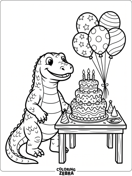 A komodo dragon next to balloons and a birthday cake