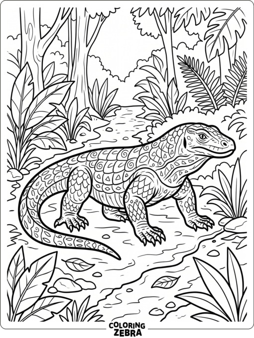 A detailed komodo dragon on a jungle path