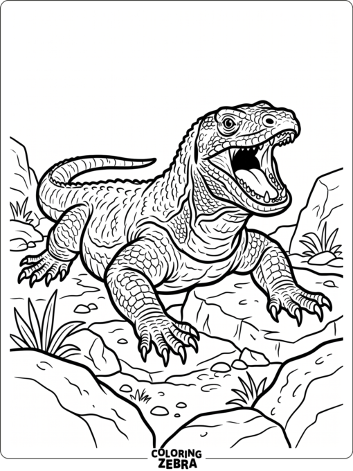 A komodo dragon resting with open mouth and rough scales