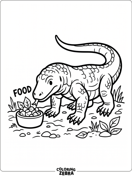 A komodo dragon sniffing food near a bowl