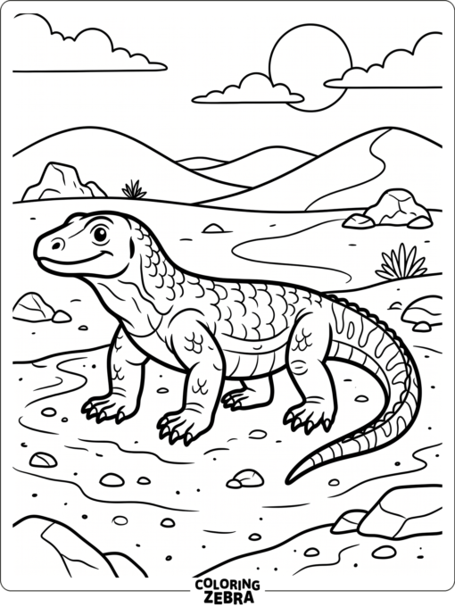 A komodo dragon standing on sandy ground in the desert