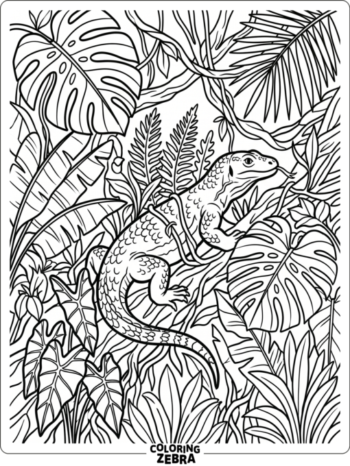 A komodo dragon among jungle plants and tropical leaves