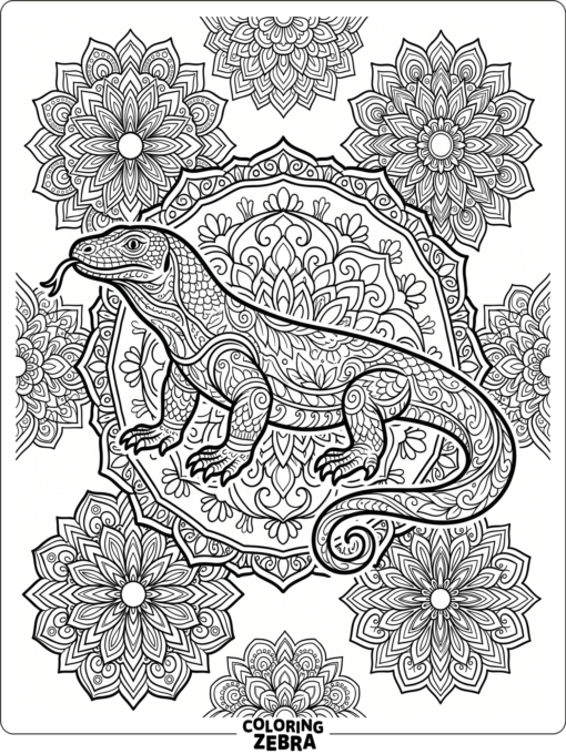 A komodo dragon surrounded by circular mandala patterns