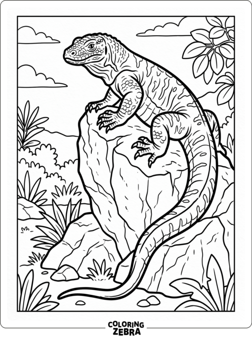 A komodo dragon perched on a rock with tail draped down