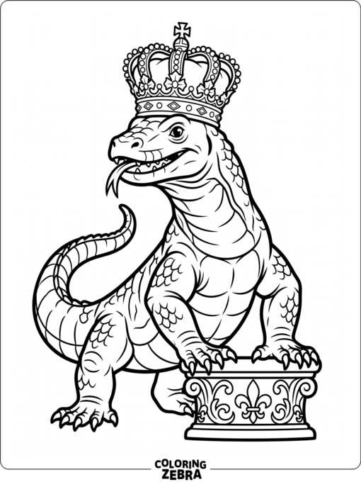 A komodo dragon wearing a crown with a royal pose
