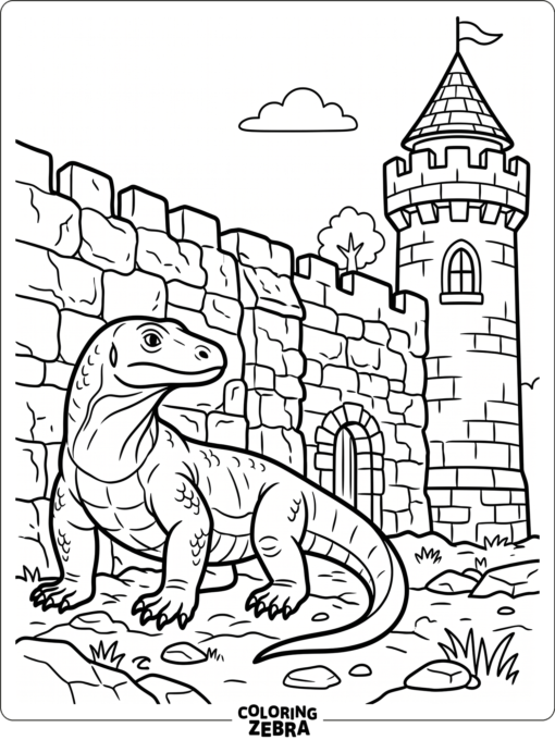 A komodo dragon beside a stone castle wall
