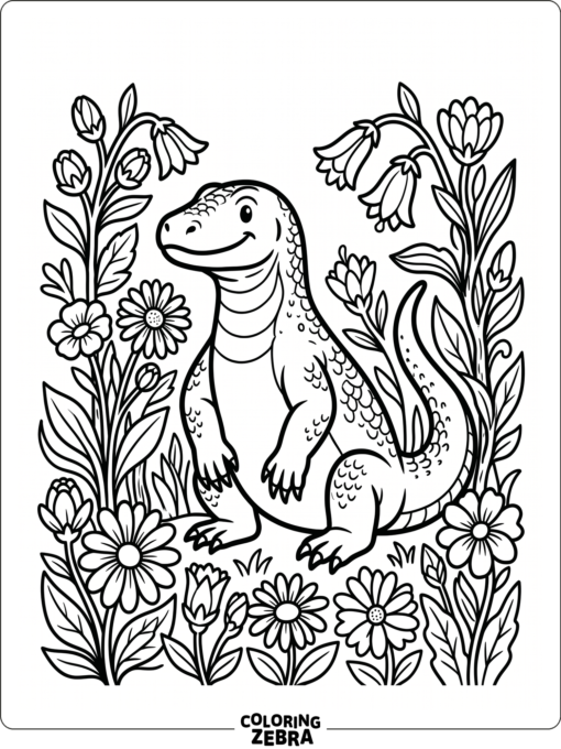 A komodo dragon sitting among flowers and leaves