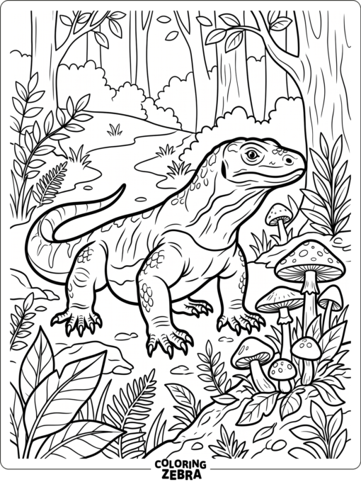 A komodo dragon near mushrooms and small forest plants