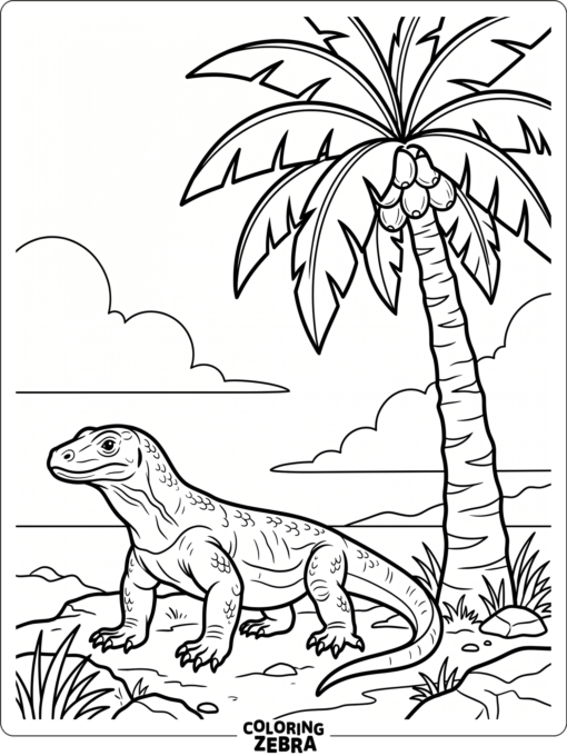 A komodo dragon beside a palm tree with open sky