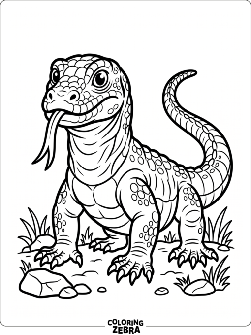 A komodo dragon with its tongue out and alert eyes