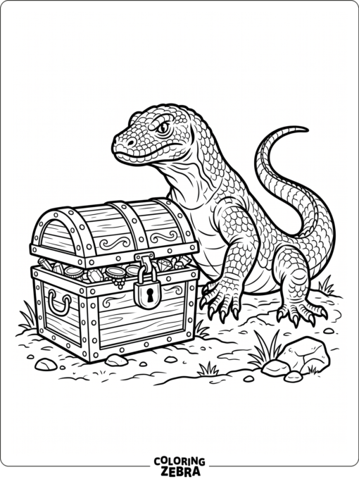 A komodo dragon guarding a treasure chest