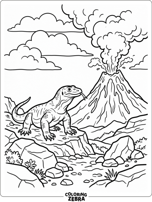 A komodo dragon near a volcano with lava rocks and clouds
