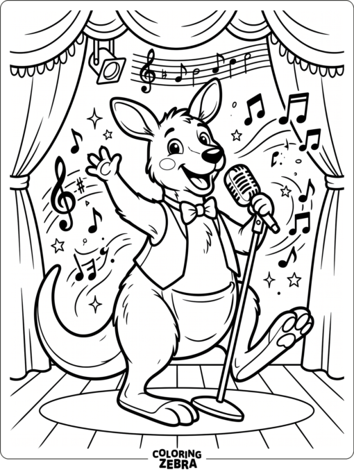 A happy kangaroo with music notes and a microphone