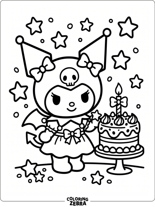 A cute cartoon character with cake, bows, and stars