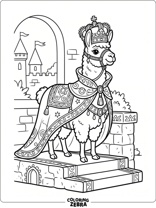 A royal llama wearing a crown and cape