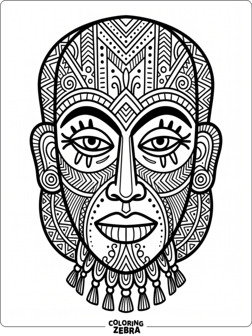 African mask with bold symmetrical patterns