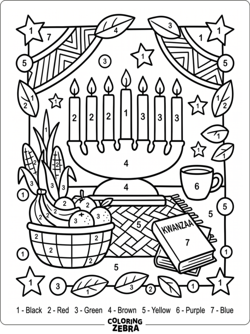 Kwanzaa color by number page with holiday symbols