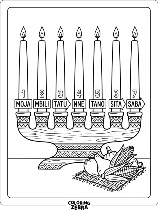 Seven Kwanzaa candles in a kinara with labels
