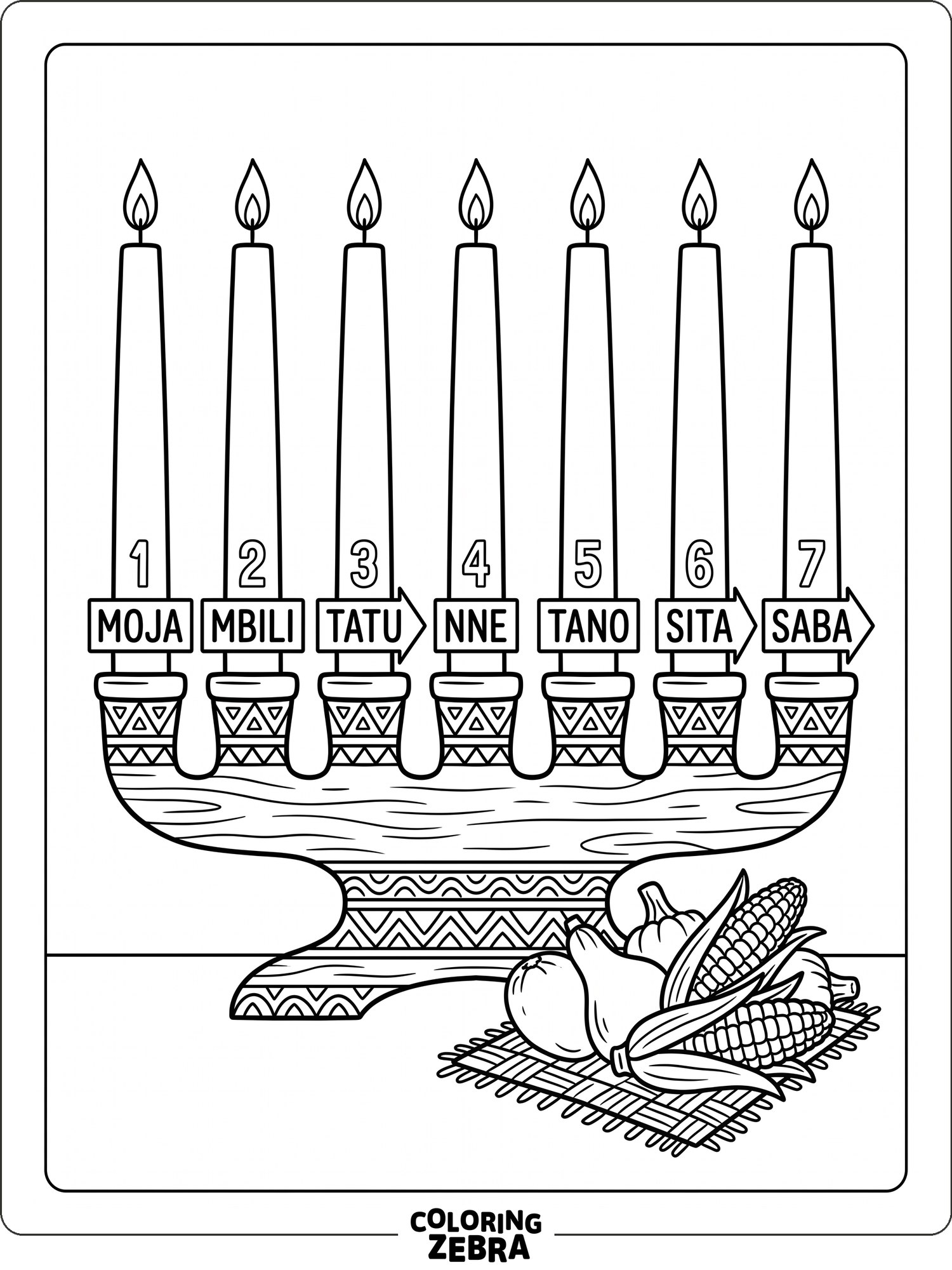 Seven Kwanzaa candles in a kinara with labels