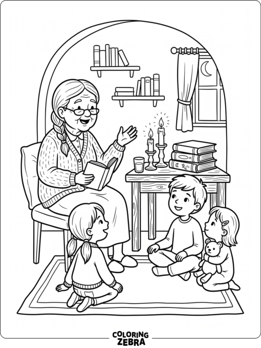 Family storytelling scene with books and candles