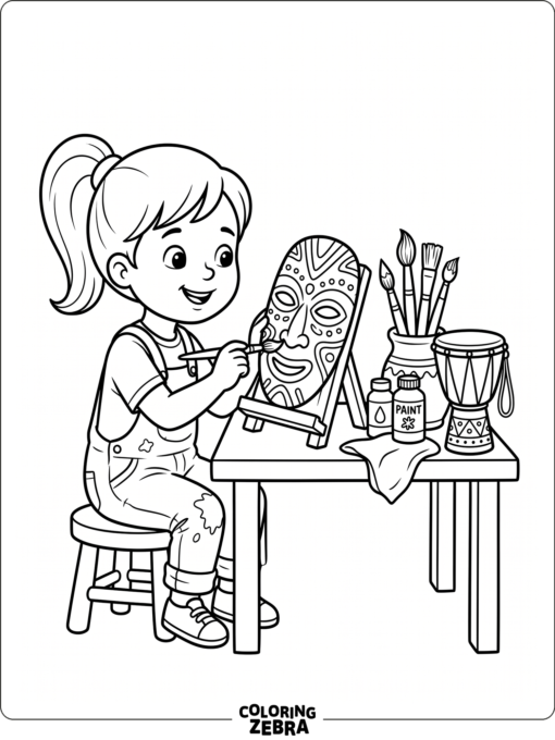 A child painting a mask with art supplies