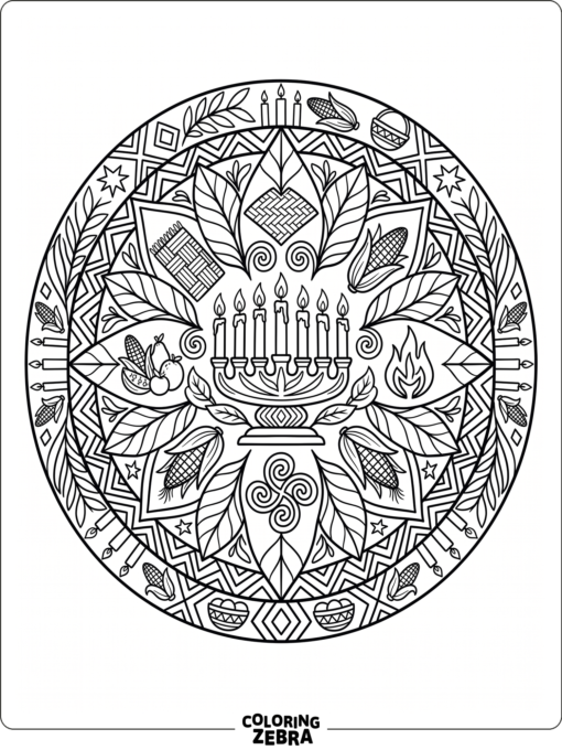 A circular mandala with candles and leaves