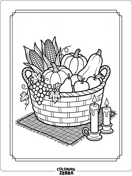 A harvest basket with corn, squash, and fruit