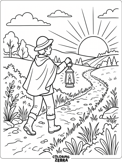 A person holding a lantern near a rising sun