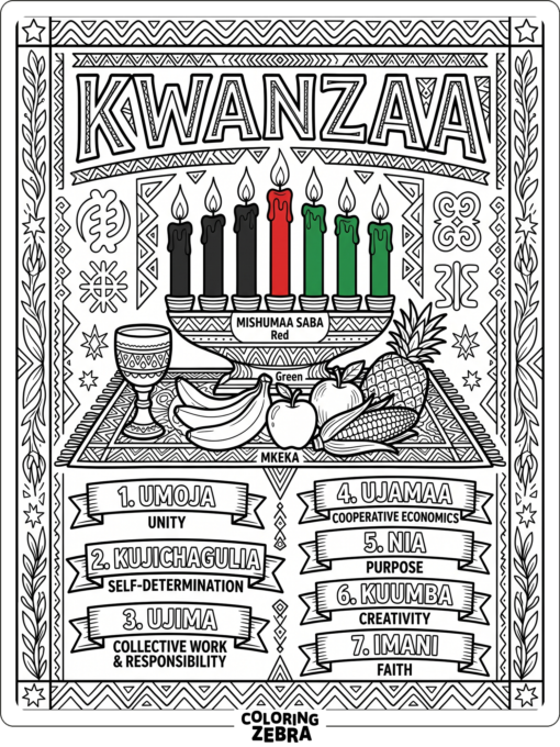 A large Kwanzaa poster with candles and fruit