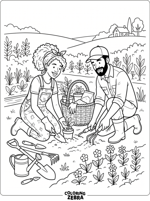 Two people working together with tools and a basket
