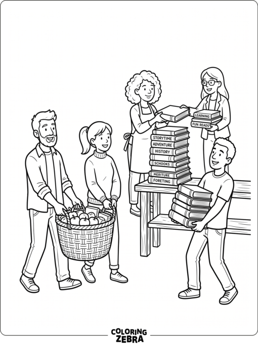 Group carrying a basket and stacking books together