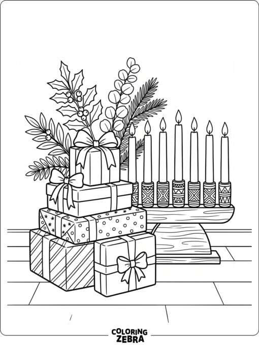 Kwanzaa gifts stacked near a candle holder