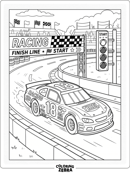 A race car with number 18 passing the starting lights
