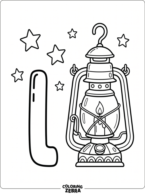 A lantern beside a big letter L with a few stars