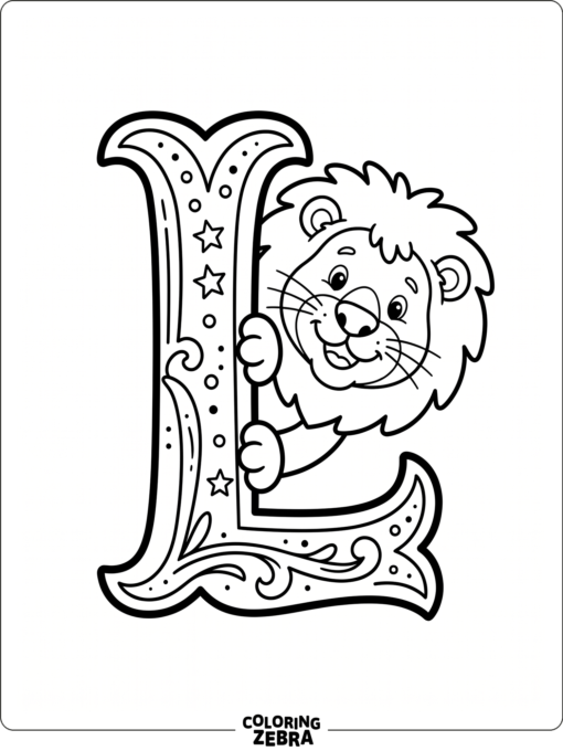 A lion peeking around the letter L