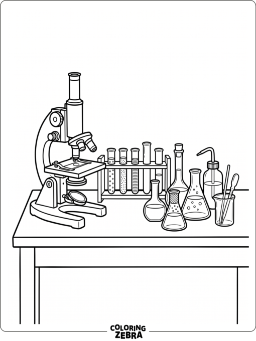 Una mesa de laboratorio con un microscopio y material de vidrio