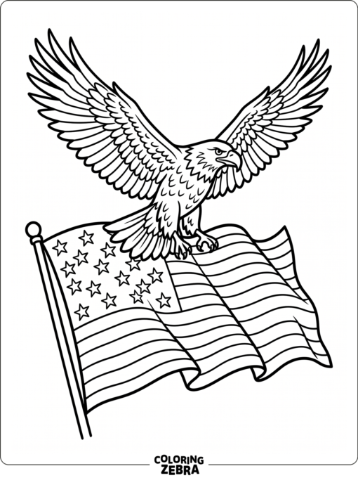 An eagle flying above a waving flag