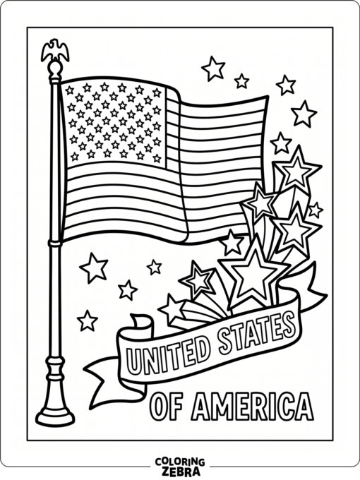 American flag with stars and a ribbon banner