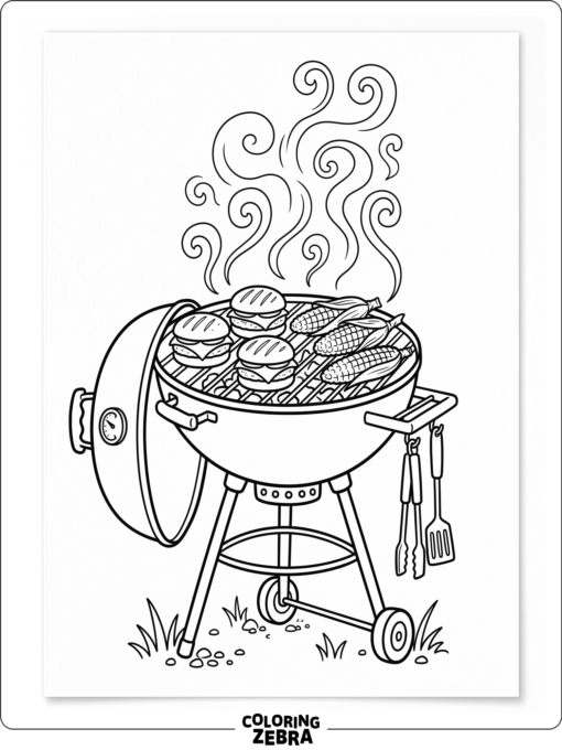 Barbecue grill with burgers, corn, and smoke