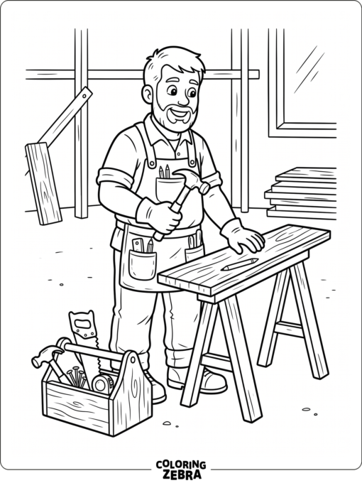 A carpenter holding a hammer near a plank and toolbox