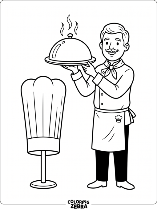 A chef holding a tray and wearing a tall hat