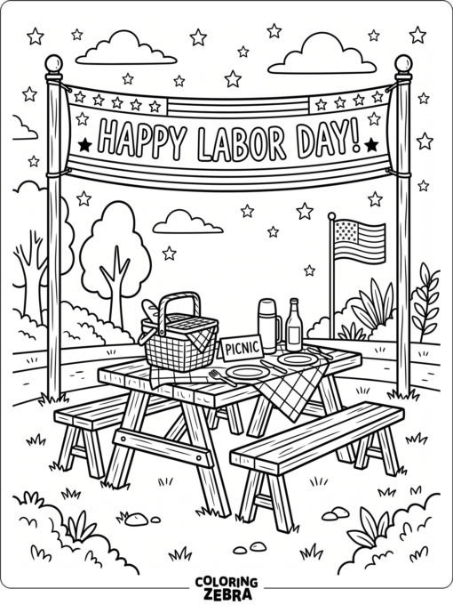 Simple stars and a banner make this Labor Day scene easy to color
