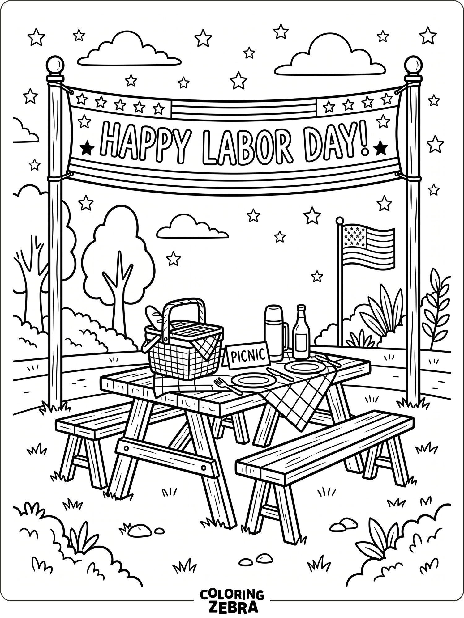 Simple stars and a banner make this Labor Day scene easy to color