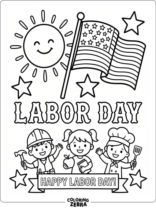 Toddler-friendly Labor Day page with stars and a sun
